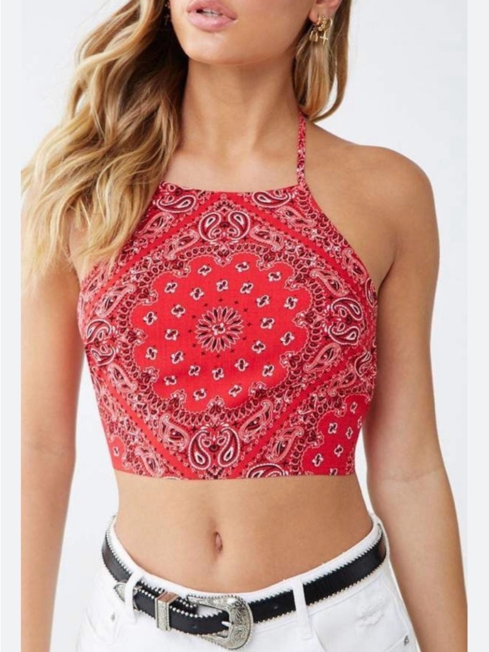 Forever 21 Red Bandana Halter Top Open Back Tie Crop - Picture 2 of 7